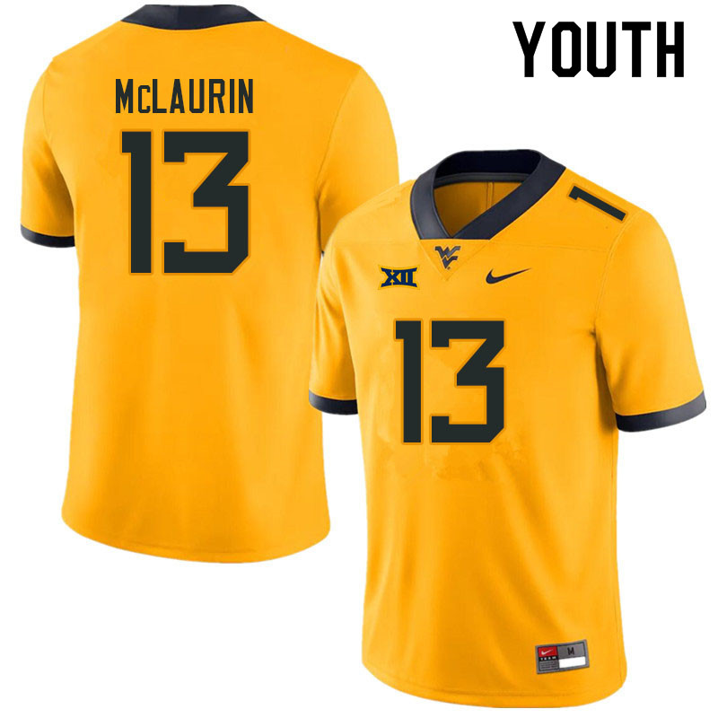 Youth #13 Hershey McLaurin West Virginia Mountaineers College Football Jerseys Sale-Gold - Click Image to Close